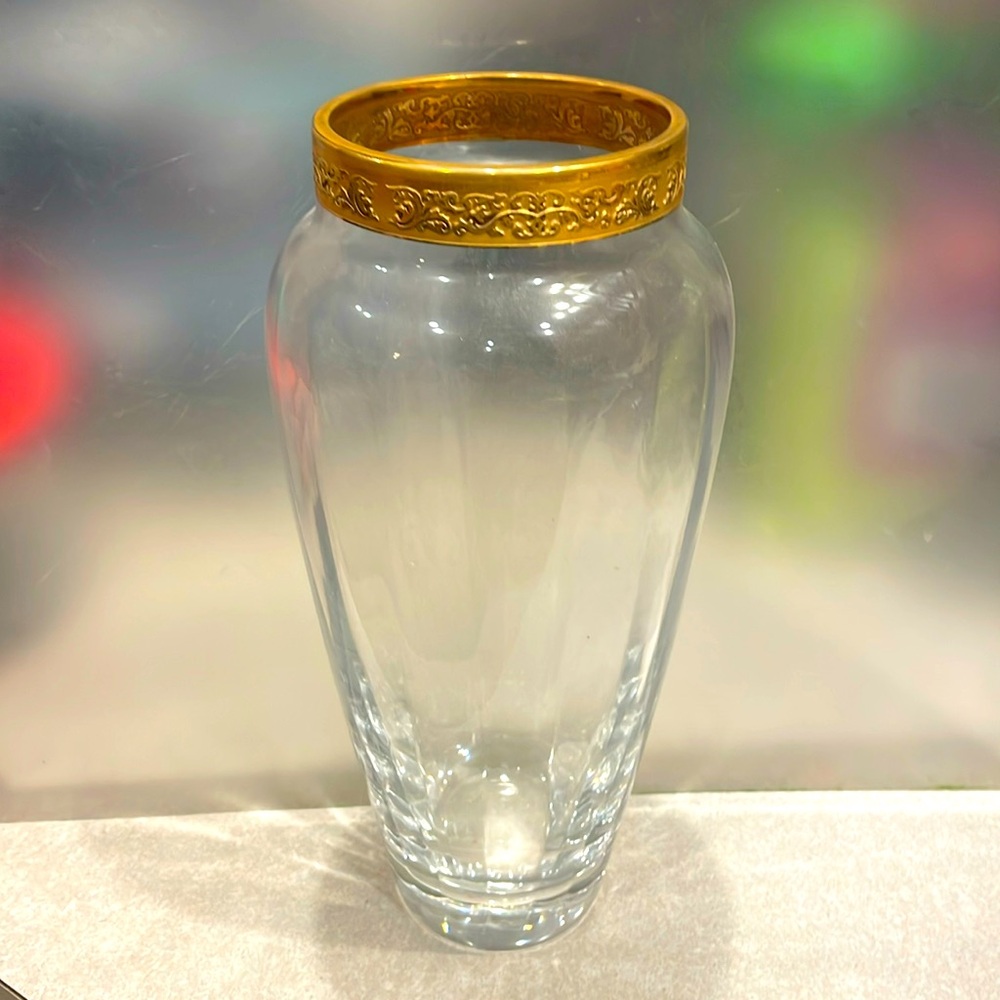 Heavy crystal VASE 10” tall, gold filigree band - just adds flowers!